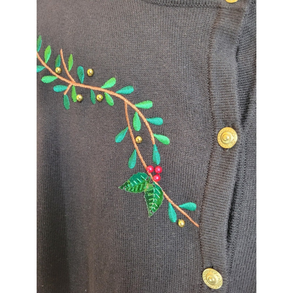 Vtg Classic Elements Cardigan Sweater Bird Embroidered Holiday Xmas Black Large - Picture 10 of 11